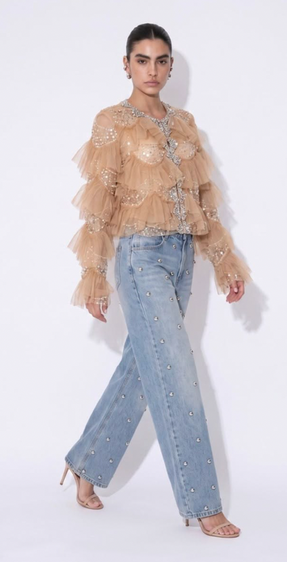 Beulah Embellished Tiered Jacket in Tan PREORDER