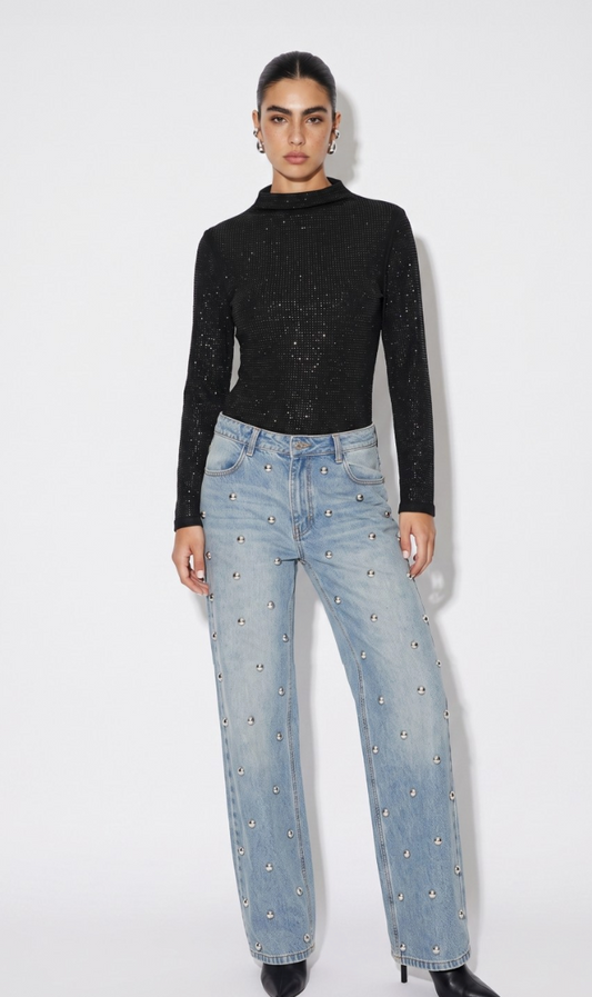 Beulah Rhinestone Embellished Top in Black PREORDER