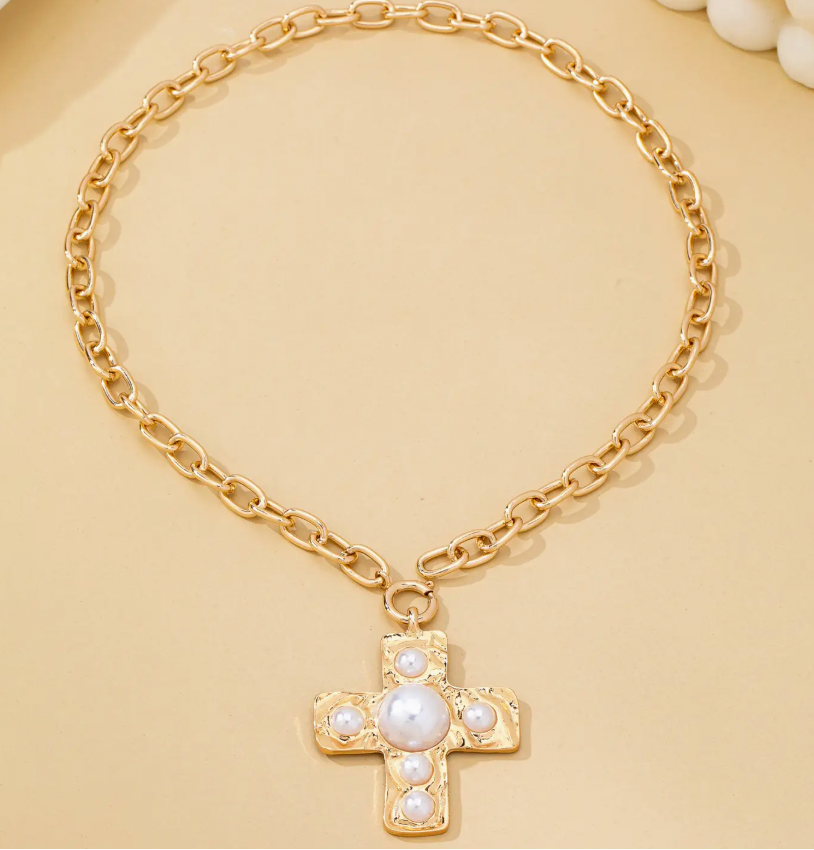 Hammered Cross Pearl Necklace