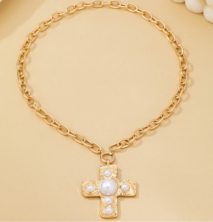 Hammered Cross Pearl Necklace