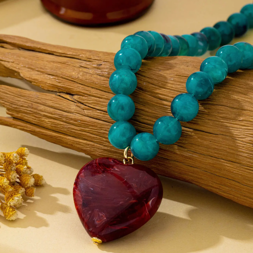 Marble Beaded Heart Necklace in Teal