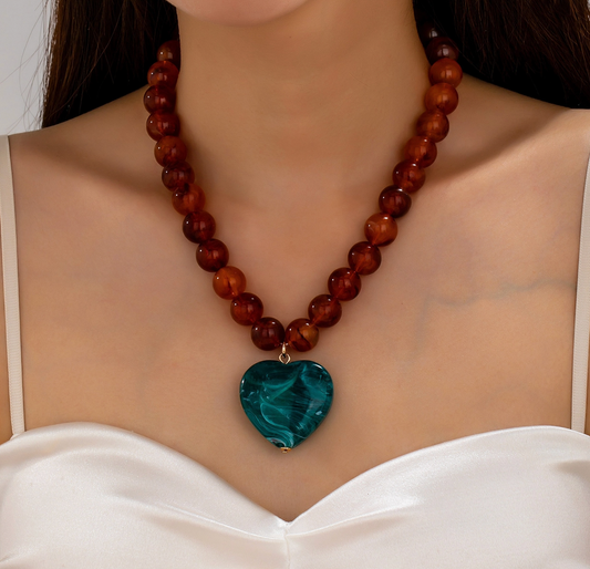 Marble Beaded Heart Necklace in Tortoise
