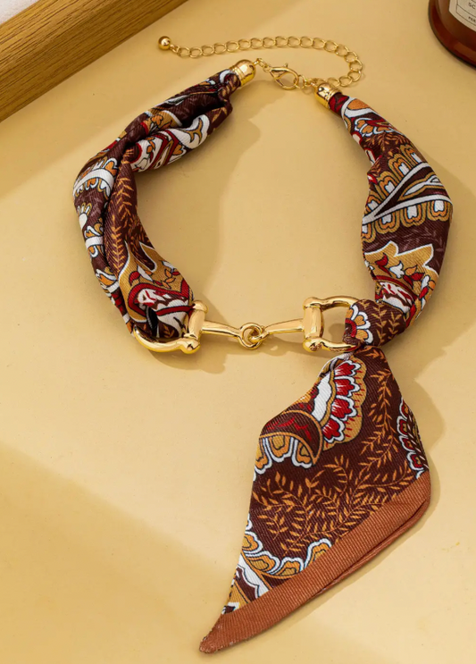Horsebit Scarf Necklace in Brown Print