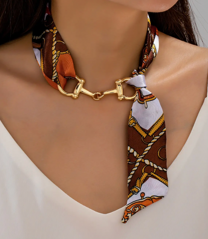 Horsebit Scarf Necklace in Brown Print