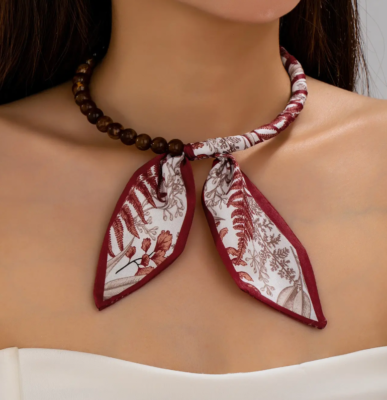 Scarf + Beaded Necklace in Green Print