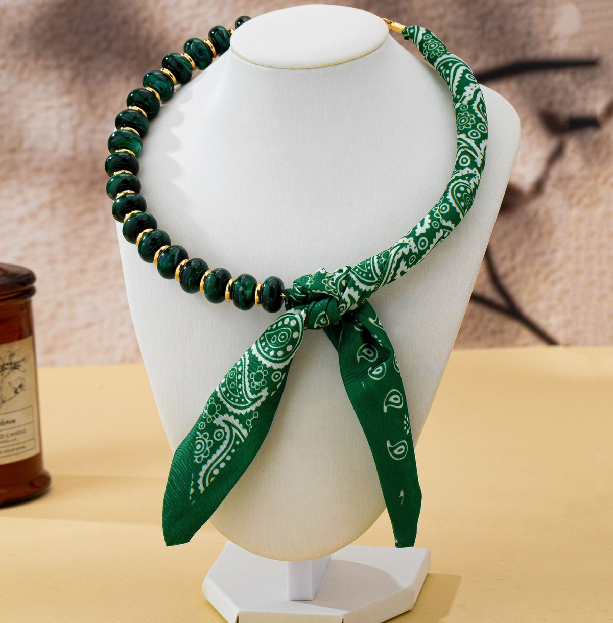 Scarf + Beaded Necklace in Green Print