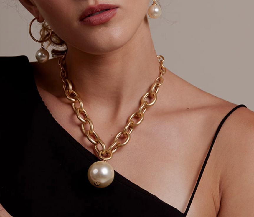 Vioroo Oval Link Pearl Charm Collar Necklace