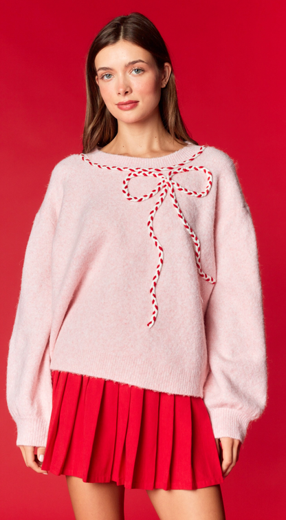 Candy Cane Bow Knit Sweater