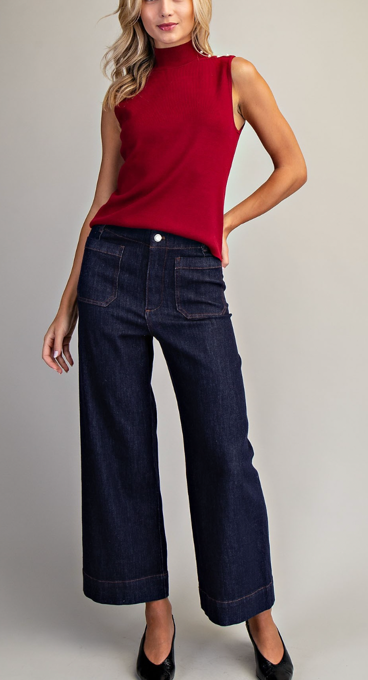 Mock Neck Pearl Detail Top - Wine