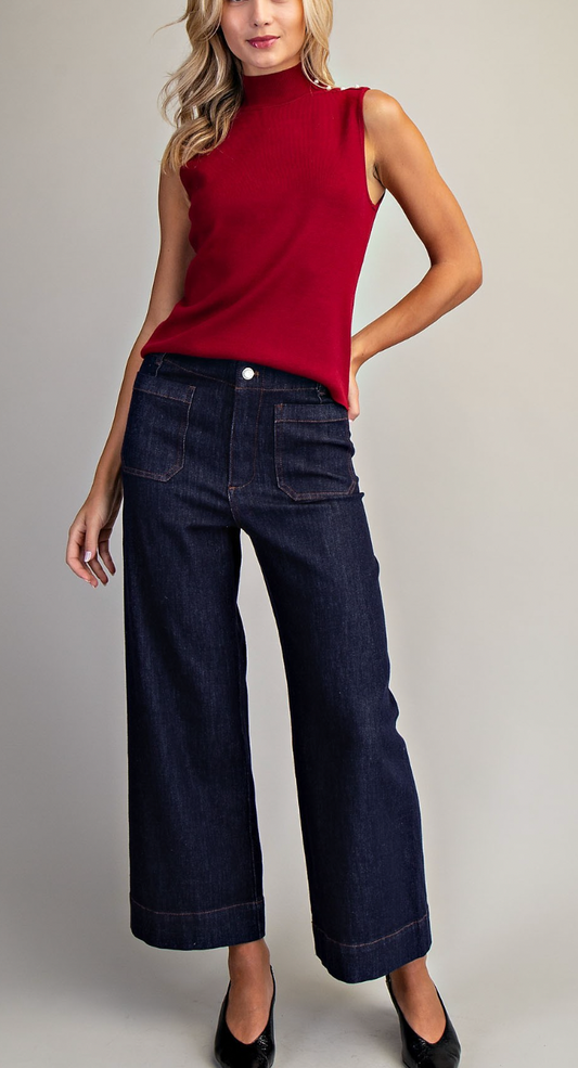 Mock Neck Pearl Detail Top - Wine