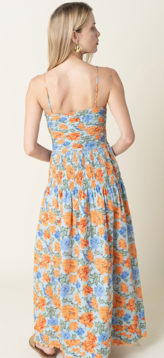 Azure Blossom Smocked Maxi Dress
