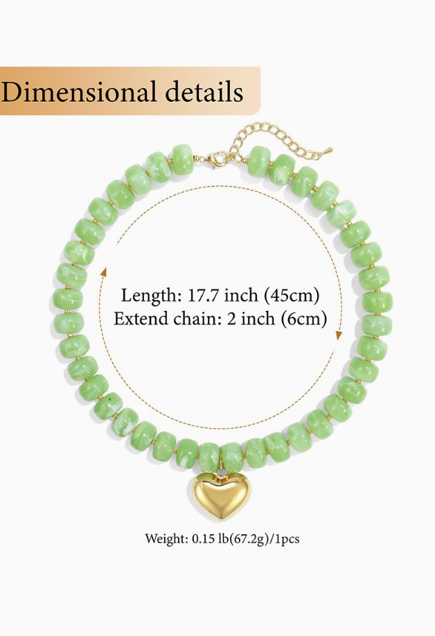 Colorful Beaded Heart Necklace in Mocha Green