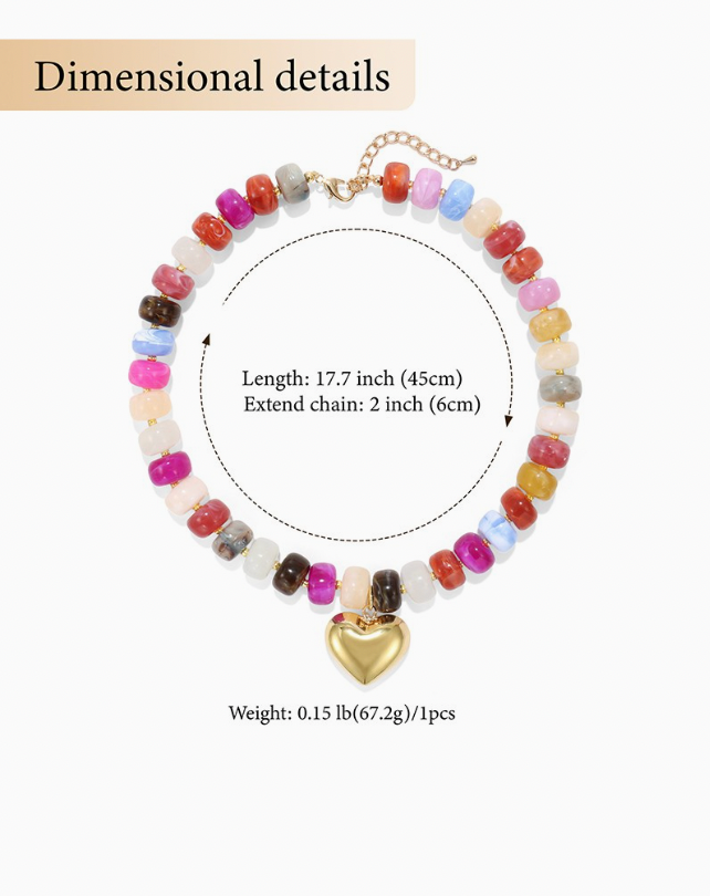 Colorful Beaded Heart Necklace in Rainbow