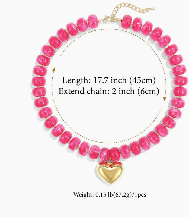 Colorful Beaded Heart Necklace in Dark Pink