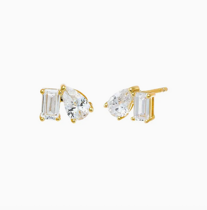 Adina Eden Cz Teardrop x Baguette Stud Earring in Gold