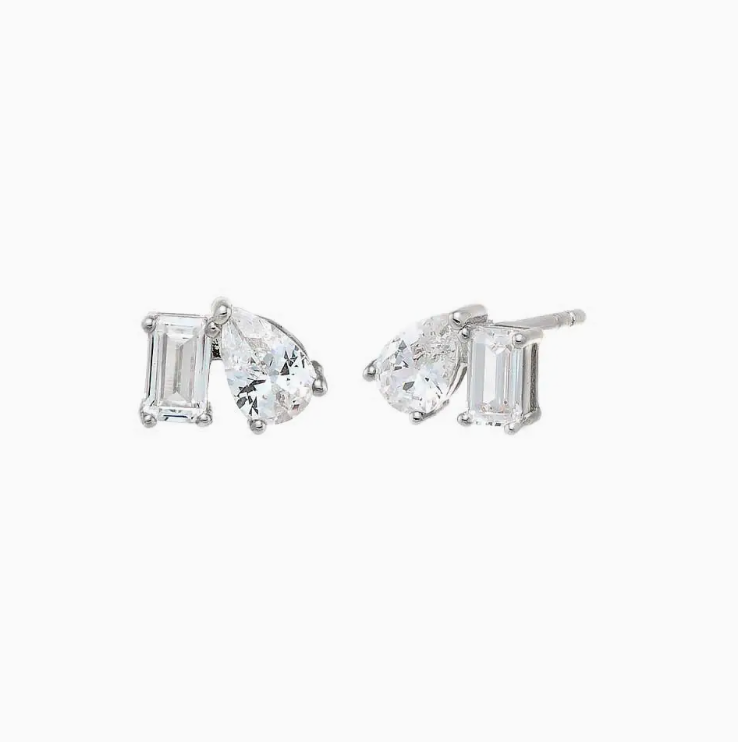 Adina Eden Cz Teardrop x Baguette Stud Earring in Silver