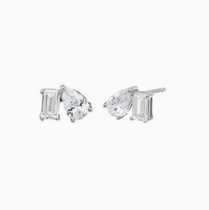 Adina Eden Cz Teardrop x Baguette Stud Earring in Silver
