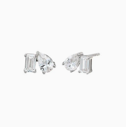 Adina Eden Cz Teardrop x Baguette Stud Earring in Silver
