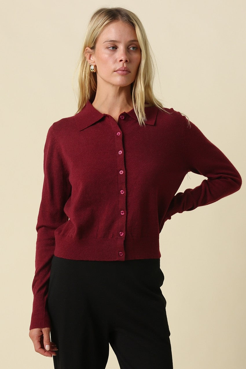 Eloise Collared Knit Cardigan in Burgundy