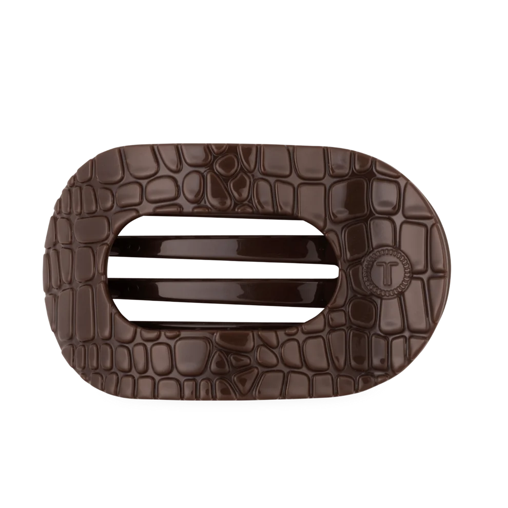 TELETIES: Brown Crocodile Large Flat Round Hair Clip
