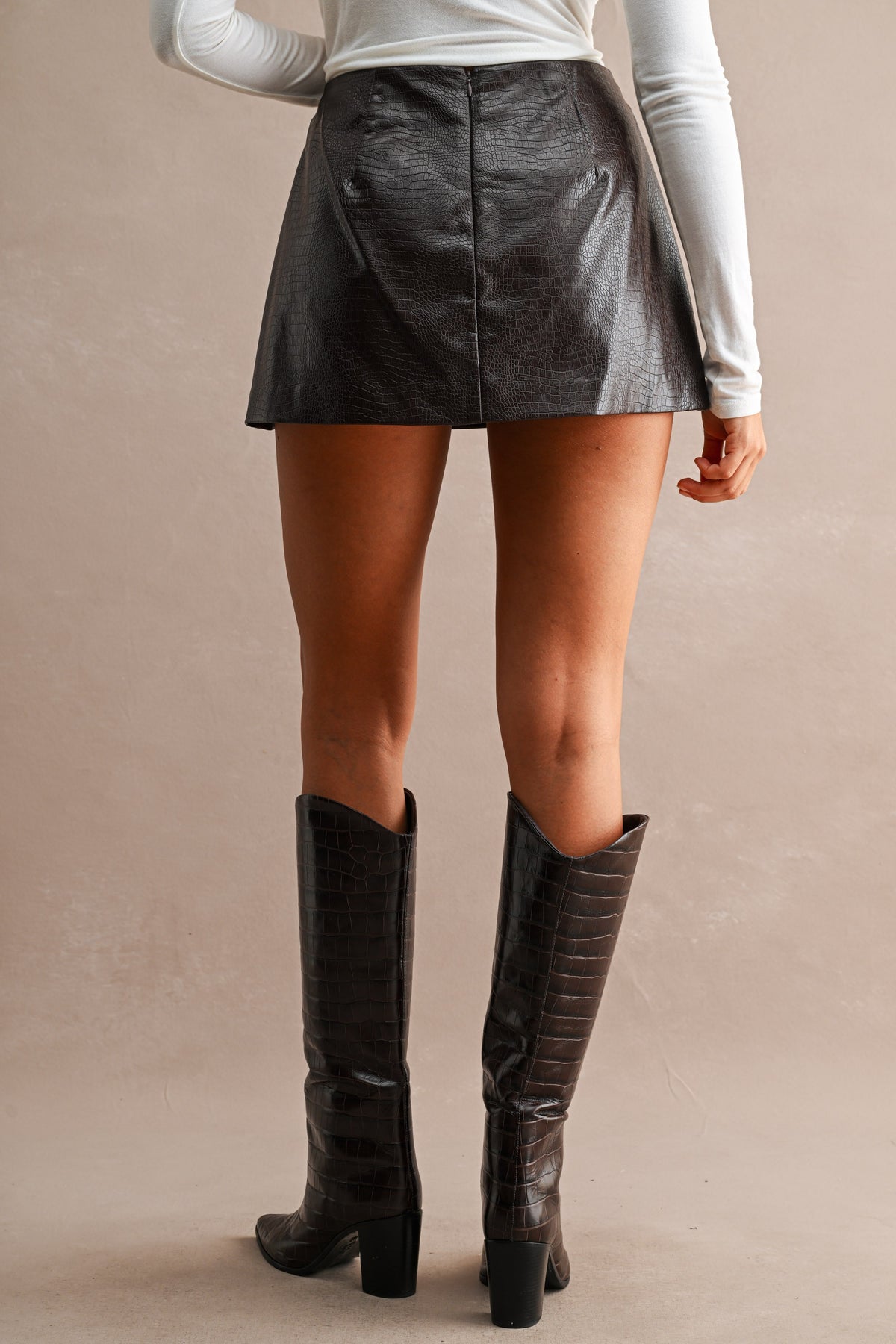 High-waisted Crocodile-embossed Faux Leather Mini Skort