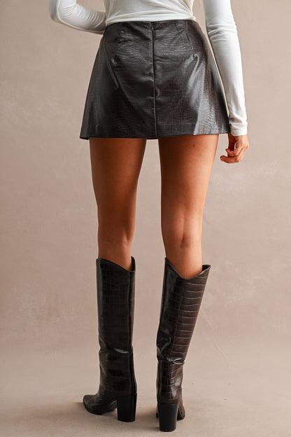 High-waisted Crocodile-embossed Faux Leather Mini Skort