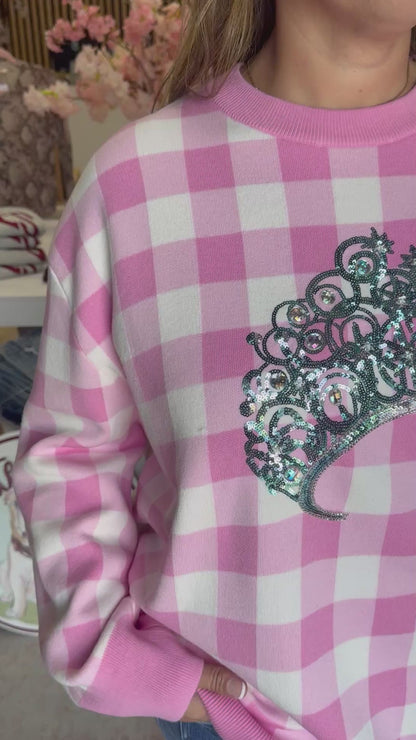 Queen of Sparkles Licensed Pink Gingham Glinda Crown Sweater