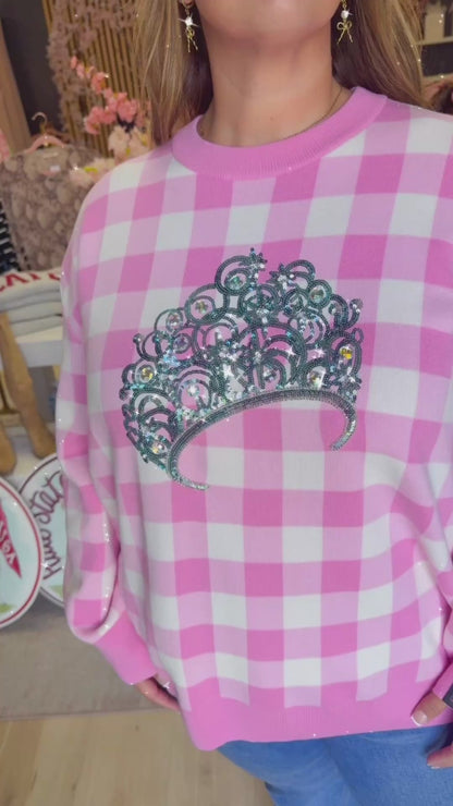 Queen of Sparkles Licensed Pink Gingham Glinda Crown Sweater