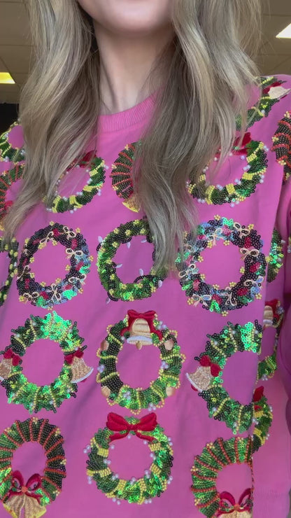 Queen of Sparkles Hot Pink Wreath Christmas Sweatshirt